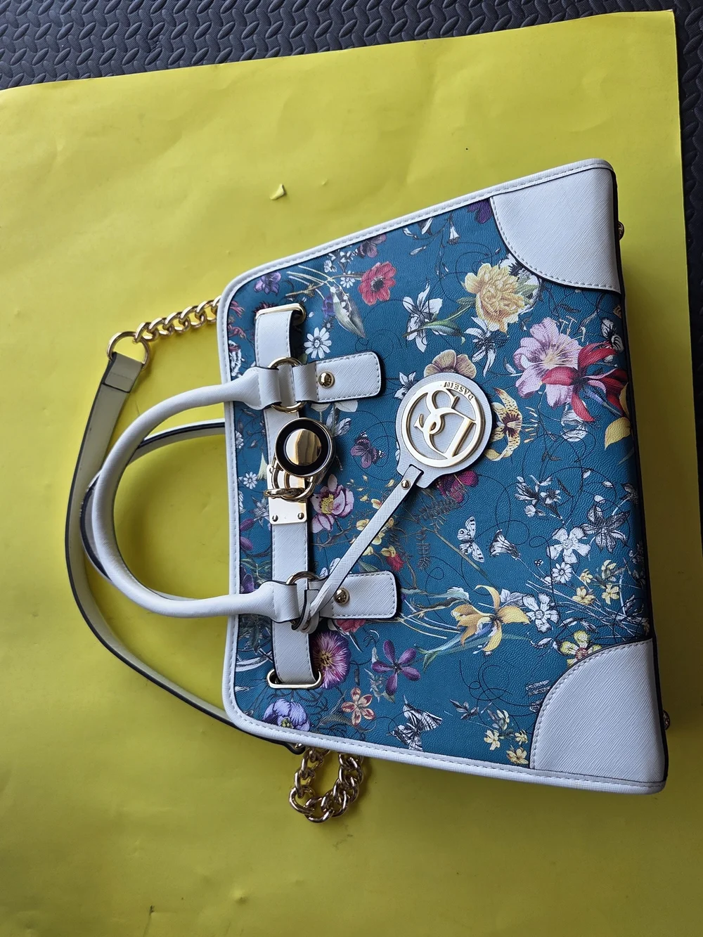 Floral Teal Tote Bag with White Trim